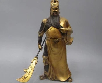 

China purple Bronze 24K Gold Guan Gong warrior Hold Dragon Sword Buddha Statue