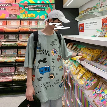 

2019 Summer New Neutral Korean Couple Loose Wild Graffiti Hip Hop Trend Student Street Casual Short-sleeved T-shirt