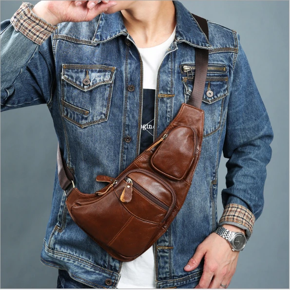 High quality men's genuine leather cowhide vintage sling