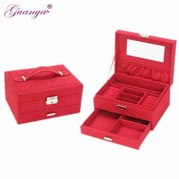 

Guanya High Quality velvet Jewelry box Multi-function Travel Jewellery box case organizer with Mirror inside 5 colors