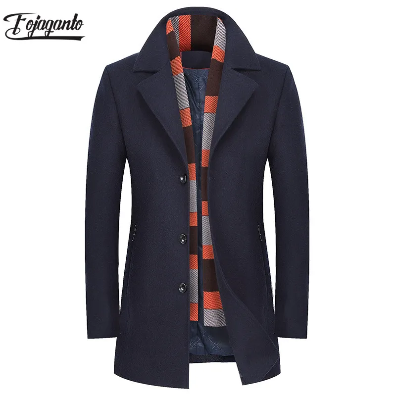 

FOJAGANTO Men Winter Coat 2019 Men's New Casual Brand Solid Color Slim Fit Comfortable Pea Coat Male Trench Coat Overcoat