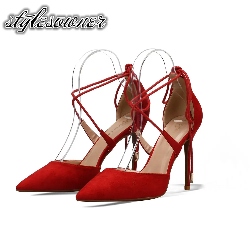 

Stylesowner New Design Cross-tied Flock Woman Wedding Shoes High Quality Pointed Toe Large Size Pumps Shoes Sweet Stiletto