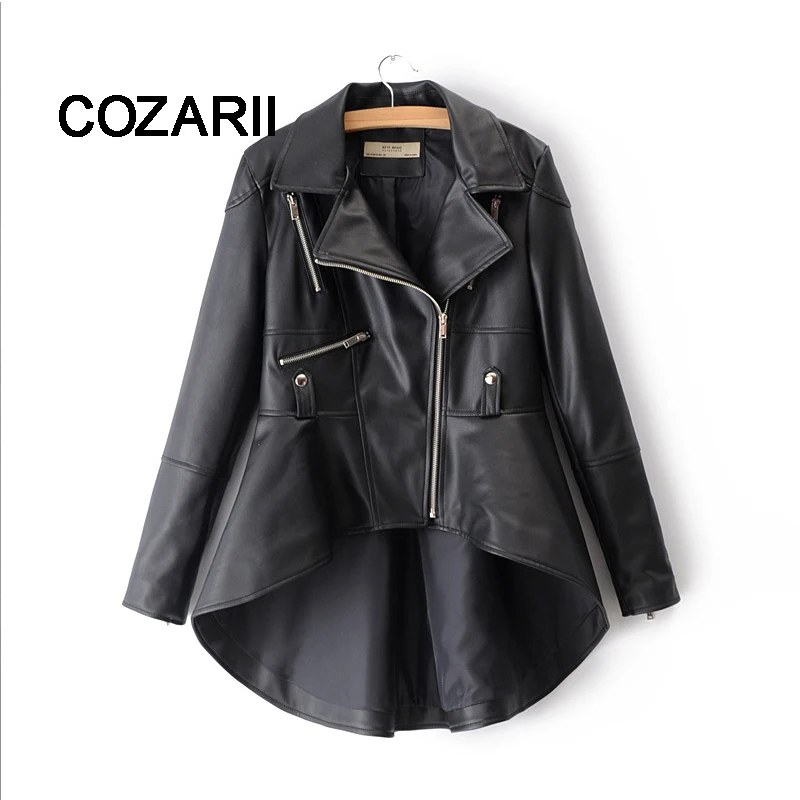 

2018 Autumn Female PU Faux Leather Jacket for Women Stitching Asymmetrical Blazer-collar Fall Khaki Ladies Silver High Low Coat