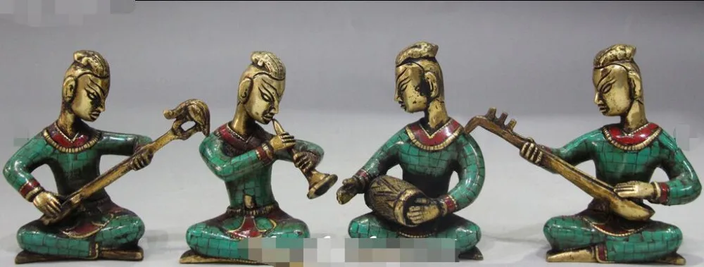 

Tibet Turquoise Coral Bronze Seat Blow Pull Play Sing Musical Instruments Statue