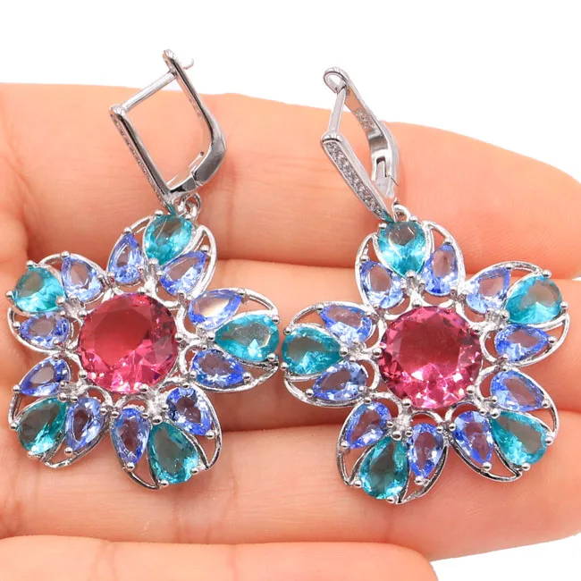 

47x18mm Fantastic Created Pink Tourmaline CZ Present Silver Earrings