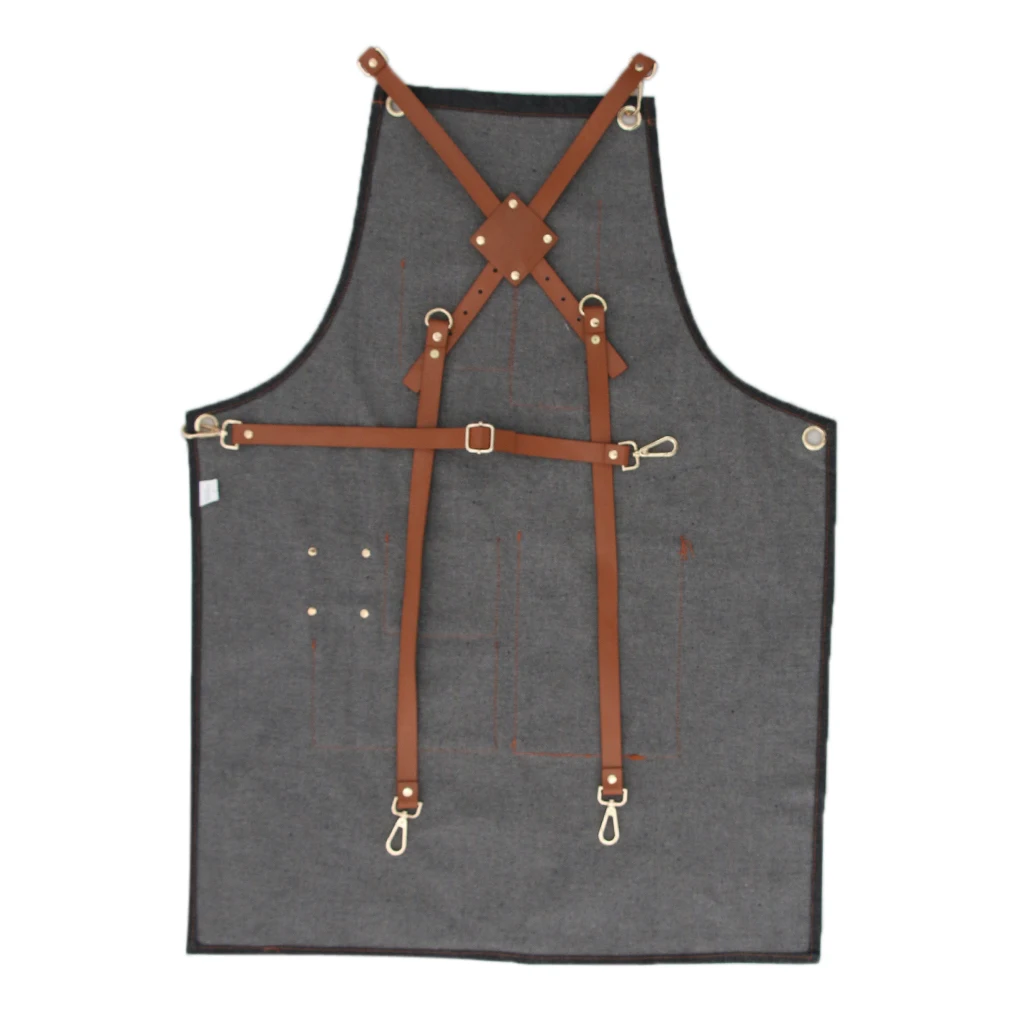 Ladies Men Leather Strap Denim Bib Apron BBQ Florist Baker Bartender Barista Chef Work Uniform