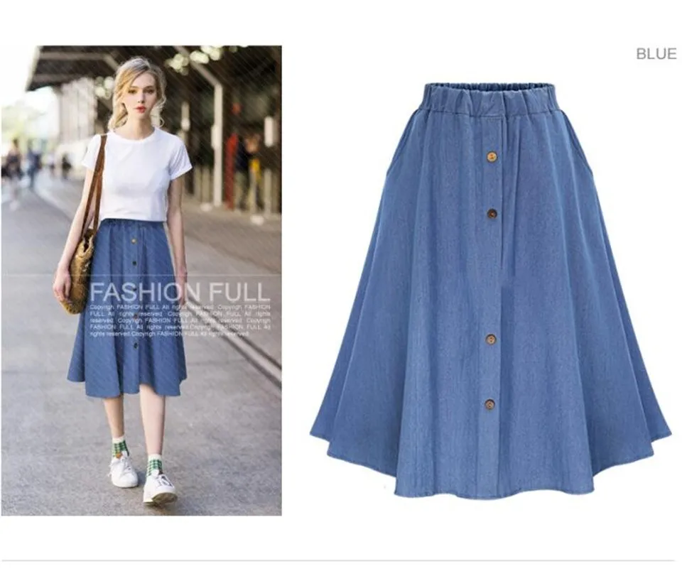 Summer Women Denim Skirt Casual Button High Waist Pleated Skirts Vintage Blue High Elastic Jean Skirts Plus Size Sundress