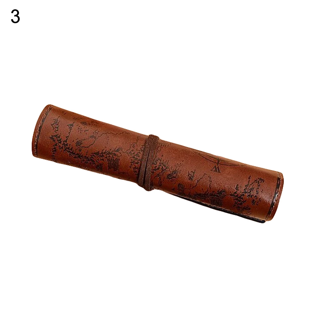 New Hot Vintage Treasure Map Roll Faux Leather Pen Pencil Stationery Storage Supplies - Цвет: Flat Dark Brown