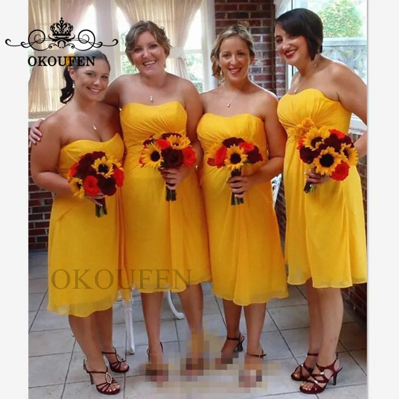 

Wholesale Price Gold Yellow Chiffon Bridesmaid Dresses For Women 2019 Knee Length Bohemia Beach Party Dress Maid Of Honor Gown