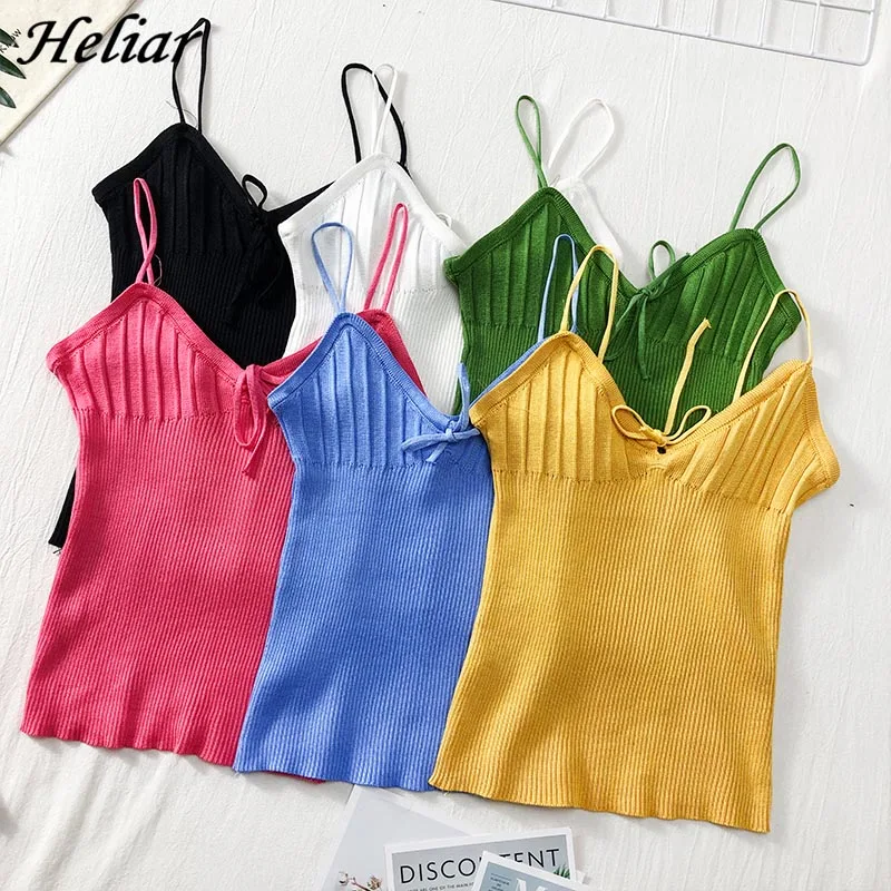 

HELIAR 2019 Summer Women Calsual Camis Drawstring Knitting Tank Tops Lady Crop Top Spaghetti Outwear Camisouls With Many Colors