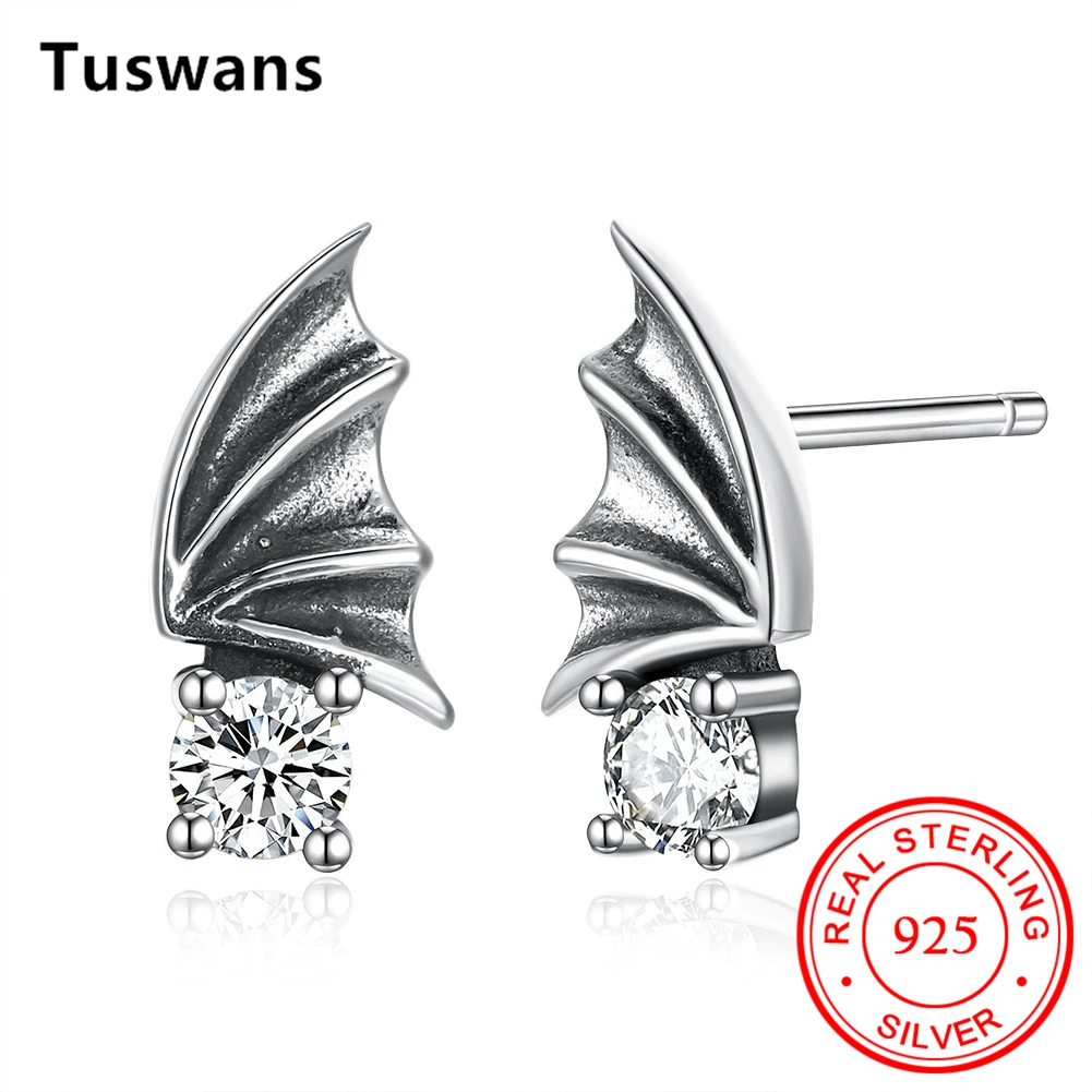 

Vintage Bat Wings Shape Stud Earrings 100% 925 Sterling Silver Wedding Party Earrings with Shiny Cubic Zirconia Best Gifts