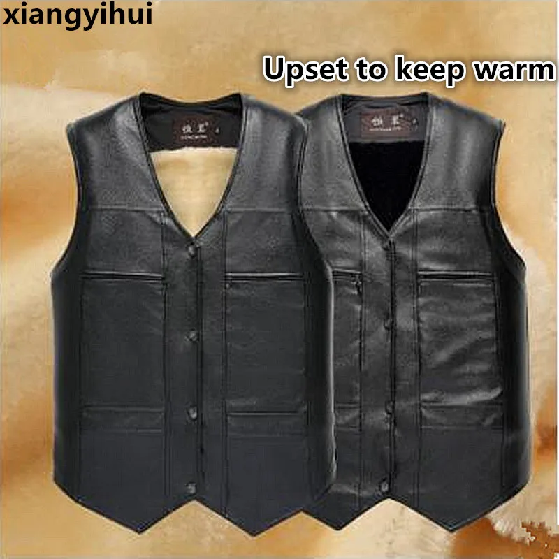 High quality Brand Large Size Black Leather Vest Men Fleece Lined Warm ...
