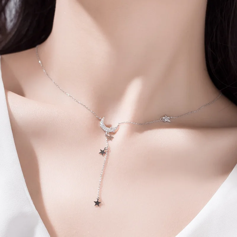 

Fashion Cubic Zirconia Moon Pendant with Long Star Tassel 925 Sterling Silver Adjustable Link Chain Chokers Necklaces for Women
