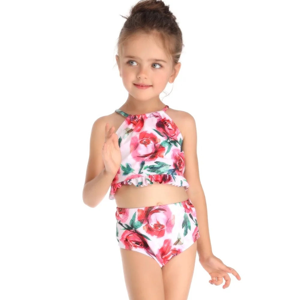 Parent-child Vintage Printed High Waist and High leg cut Off Shoulder Halter Removable Push up Padded Bikini Top 4