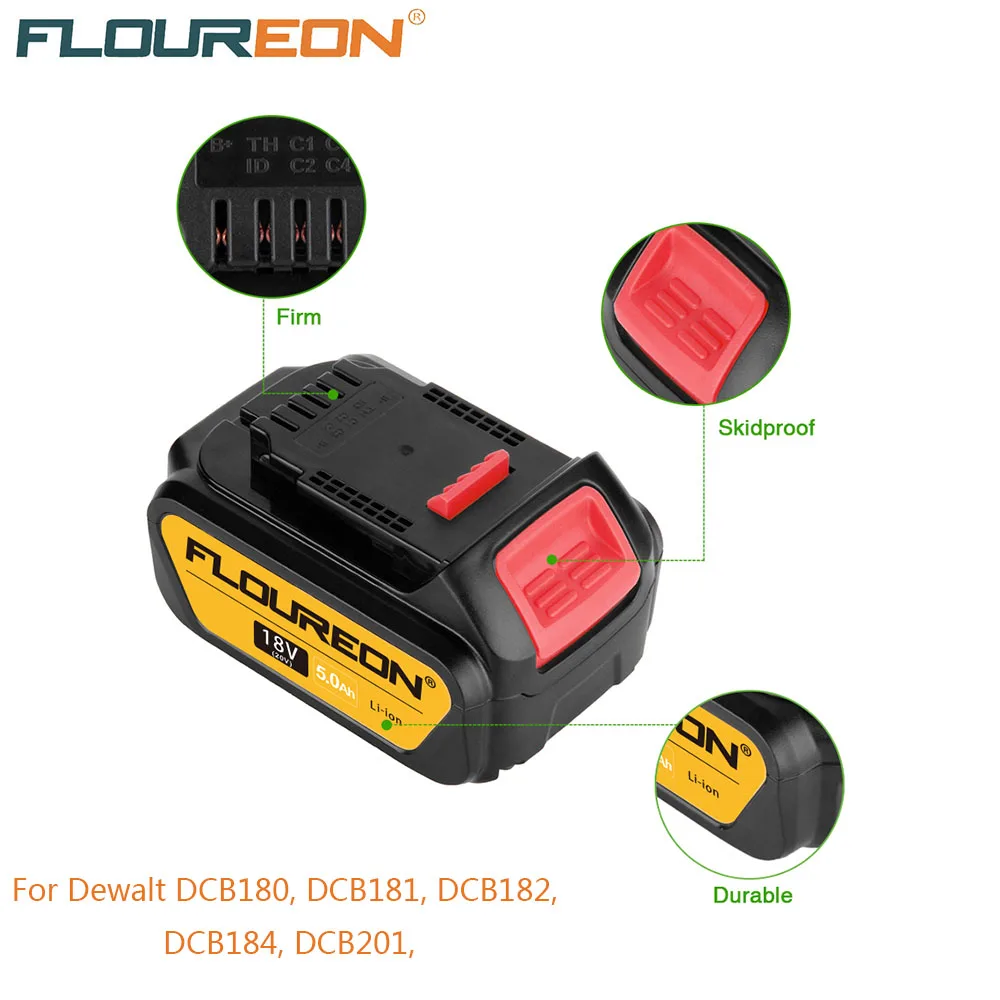 

Floureon 18V 5000mAh Power Tools Battery Replacement Rechargeable Li-ion Battery for DeWalt Drill DCB200 DCB181 DCB182 DCB184