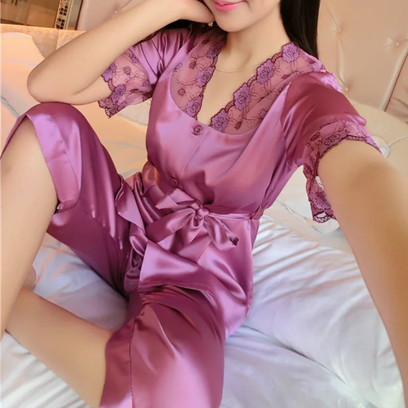 Осень, женские сексуальные атласные шелковые пижамы с цветочным кружевом, комплекты, топы с длинным рукавом+ штаны, одежда для сна, женская пижама - Цвет: short sleeve purple