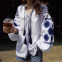 Boho font b blouse b font 2017 spring autumn ethnic bohemian long sleeve v neck white