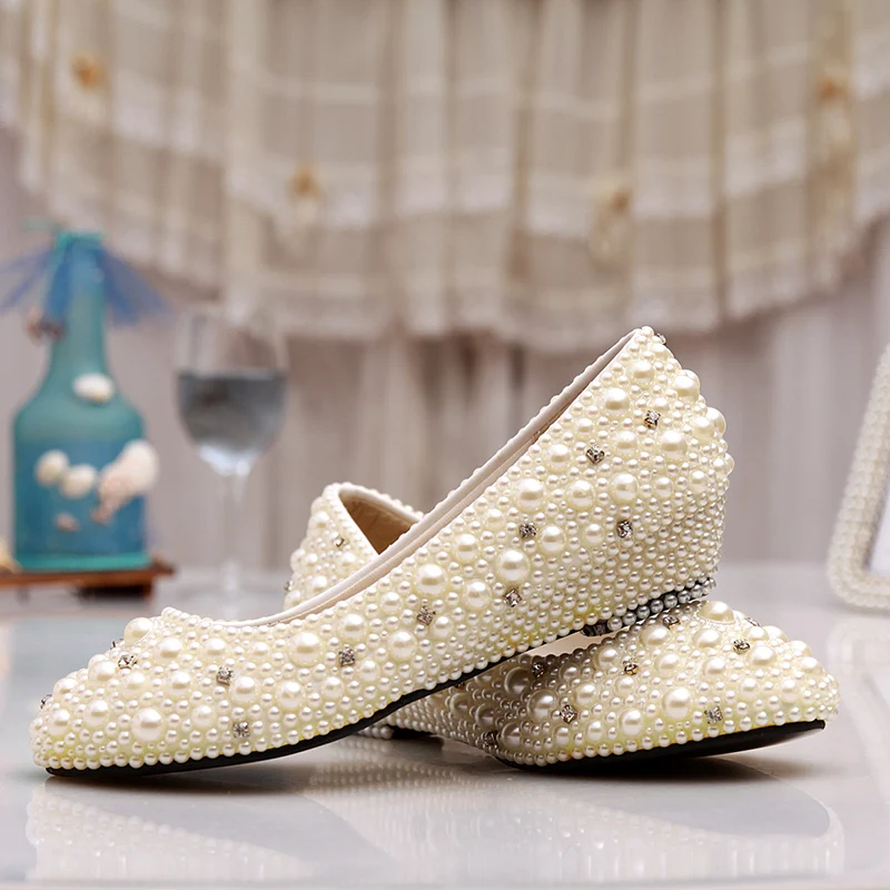 Pearl bridal shoes low heel round toe Wedges shoes crystal Pearl bridal shoes low heel round toe Wedges shoes crystal
