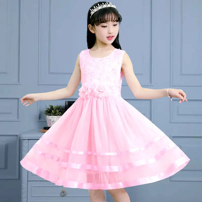 Платье для девочек; платье принцессы; Новинка года; летнее платье для выступлений; платье в полоску с двумя цветками для больших мальчиков и девочек - Цвет: Розовый