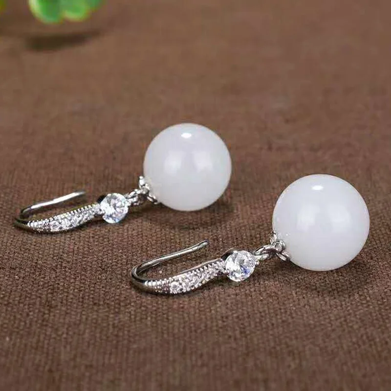 Drop Shipping Real 925 Sterling Silver Drop Earrings Ear Pin Natural Round Jade Handmade Fine Jewelry For Women Wedding Earrings