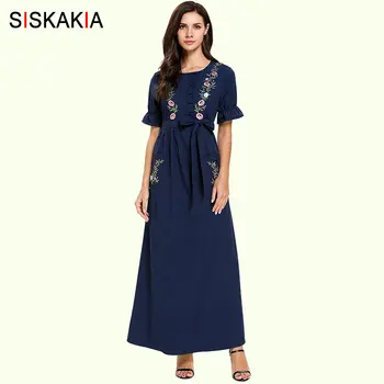 

Siskakia Young ladies Summer Long Dress Floral Embroidery Round Neck Short Sleeve Casual Maxi Dresses Sweet Front Pockets Design