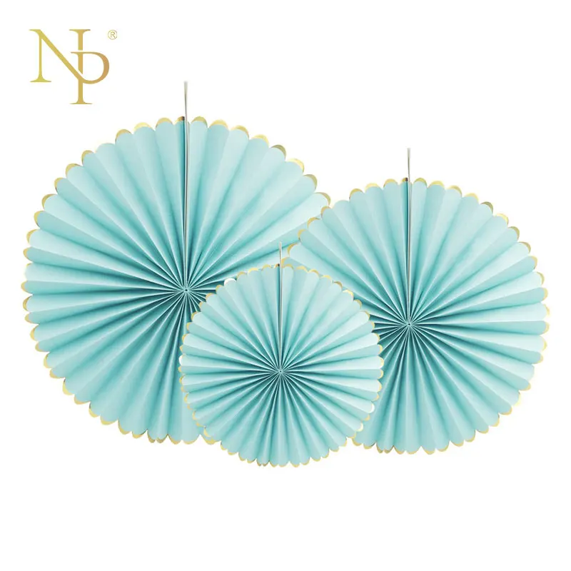 

Nicro 3pcs/lot Gold foil side Blue Flower Paper Fan Tissue Crafts Decor Wedding Birthday Party Home Decor Supplie Paper Fan