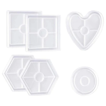 

6 Set Coaster Silicone Molds For Resin Casting, Square, Hexagon, Round, Heart - Diy Cement Crafts
