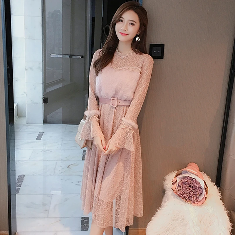 

New Summer Women Lace Fairy Dress Mesh Hollow Out Fairy Dress Mink Hair Splice Fashion Womens Vestidos Sexy Dresses