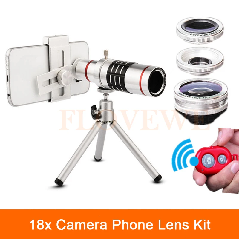 

Universal Clip 18x Zoom Optical Telescope Telephoto Lens With Tripod Control Fisheye Lentes Wide Angle Macro Lens For cell phone