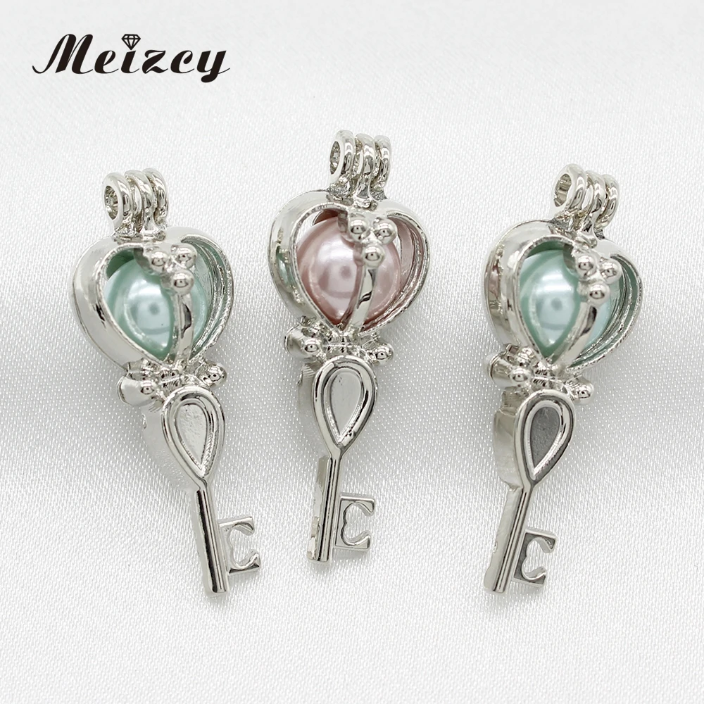 10pcs Hollow Silver Heart Key Pearl Cages Pendant Lockets Essential Oil