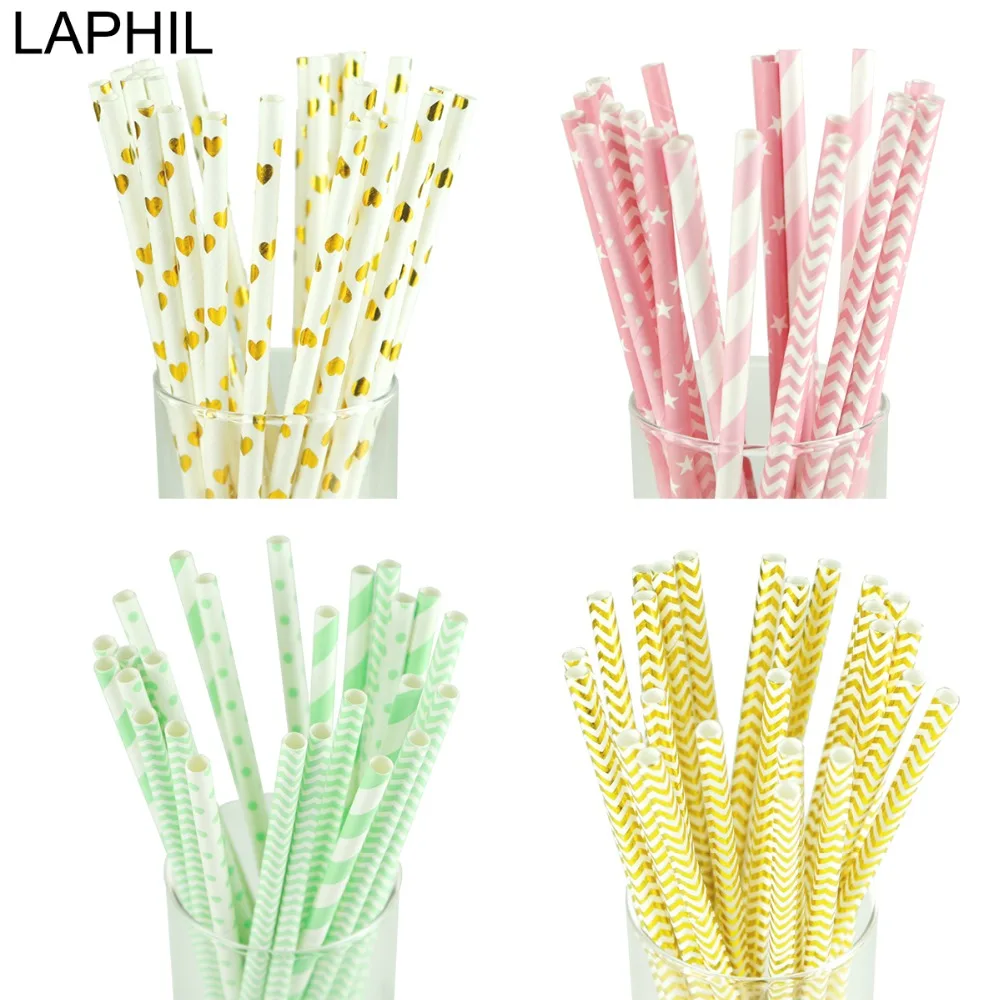 

LAPHIL 25pcs Disposable Paper Straws Wedding Favors Blue Pink Drinking Straws Happy Birthday Party Decorations Kids Babyshower