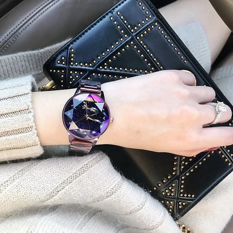 Высококачественные роскошные женские часы из нержавеющей стали, женские кварцевые часы с ромбовидным хрусталем, Montre Femme Horloges Dames Relojes Mujer - Цвет: purple