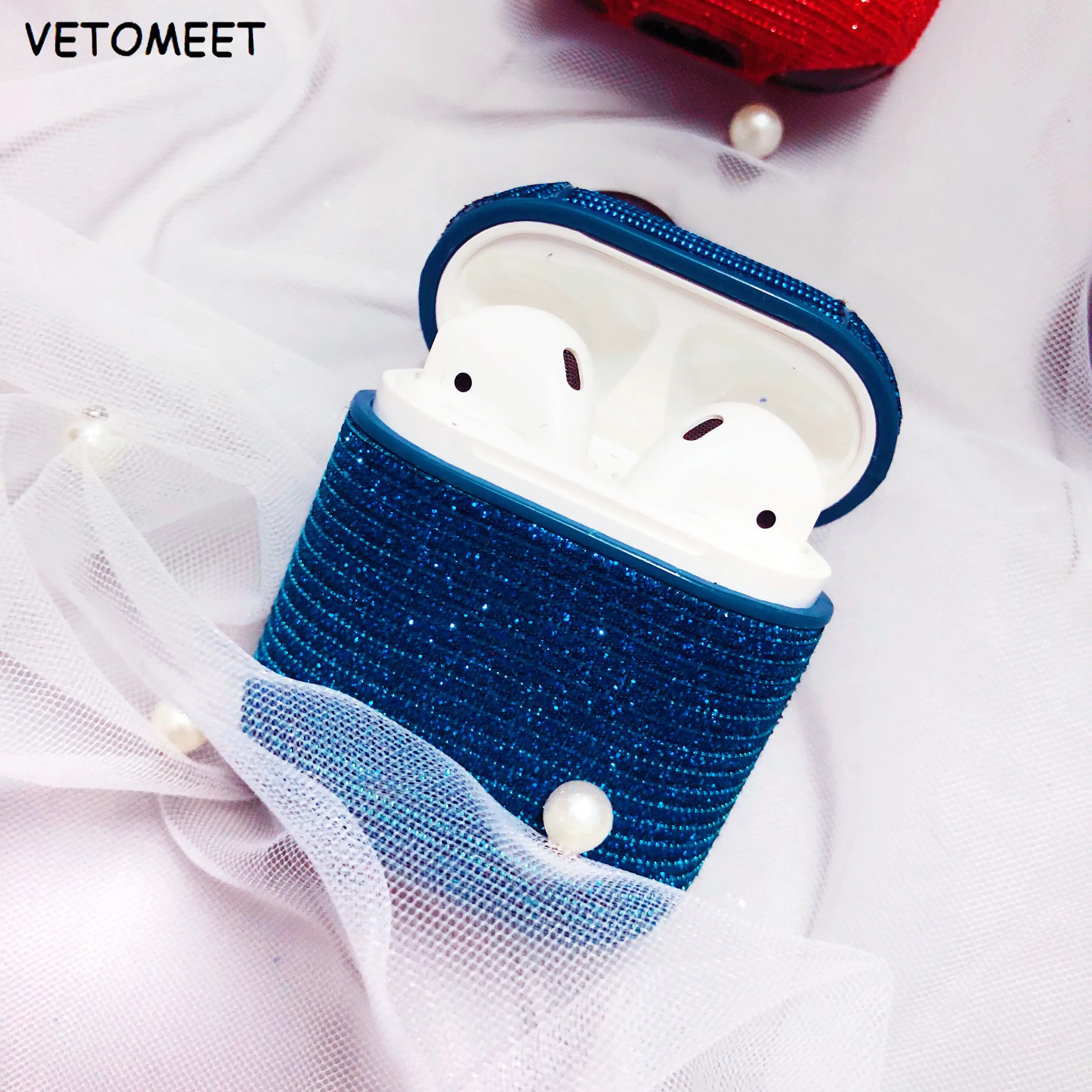 

VETOMEET Rhinestone pattern Bluetooth Wireless Earphone Case For Apple Airpods with Buttons Headphone Case Earphone Accessories