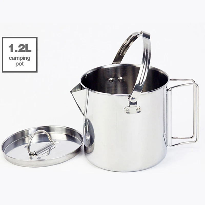 1.2L calderas de acero inoxidable al aire libre Portable hervir agua colgando olla caliente sopa de café vajilla para Camping montañismo 0,2