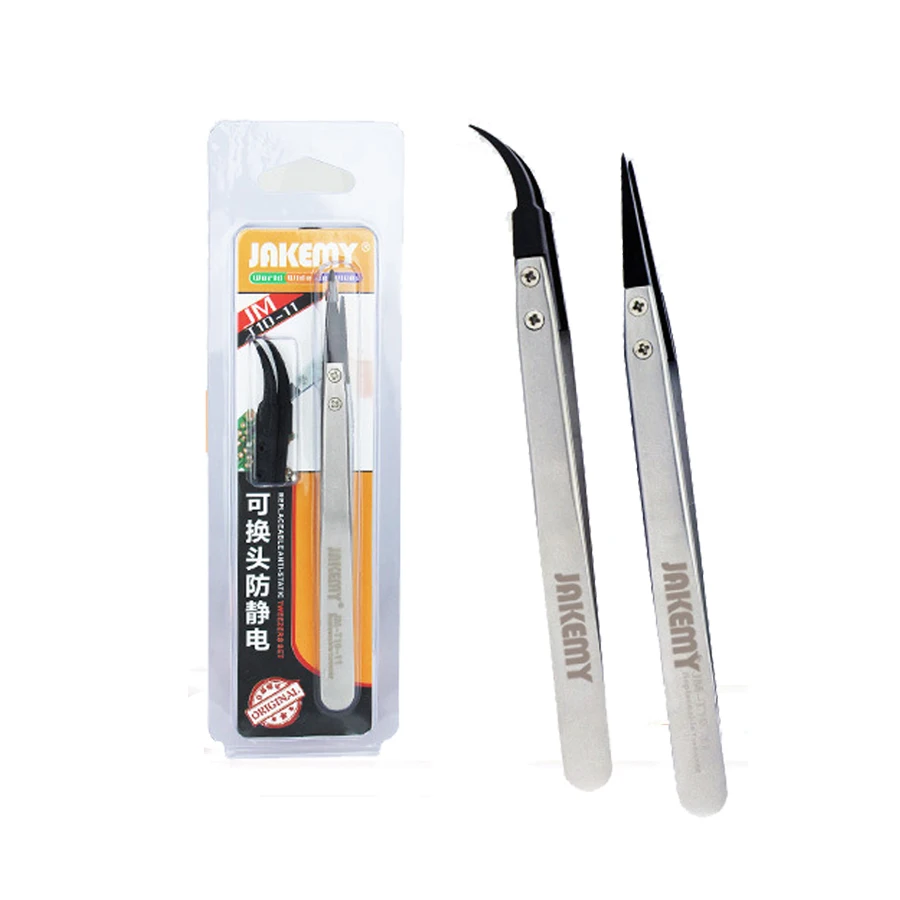 

New Precisio JAKEMY Stainless Steel Electronic Anti-static Tweezers Pointed and Curved Replaceable Tips JM-T10-11 Tweezer kit