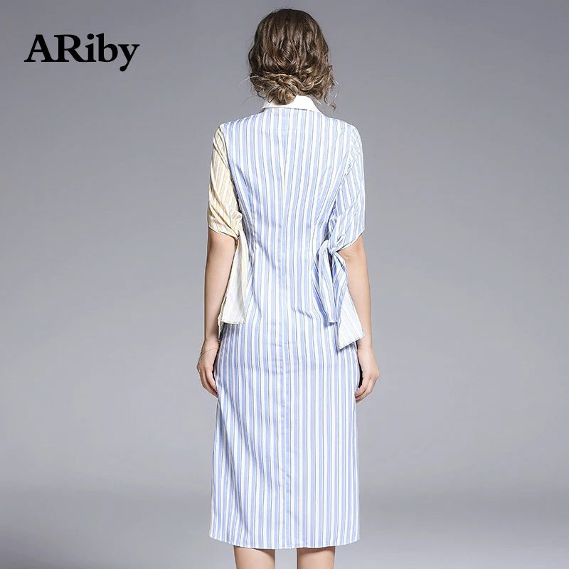 Women Dress Turn-down Collar Dress 2019 Summer New Office Lady Stripe Splice Printed Slimming Half Sleeve Shirt Pencil Dresses