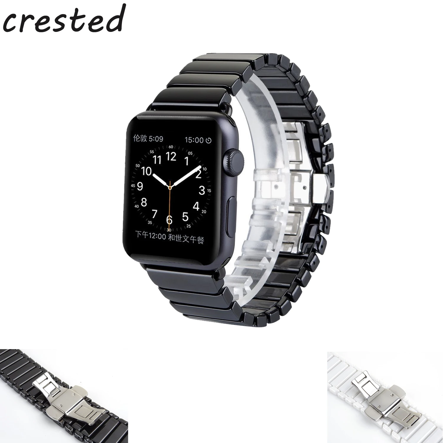 

Ceramic Link bracelet band for Apple Watch 3/2/1 42mm/38mm strap watchband stainless steel metal Butterfly loop Buckle belt