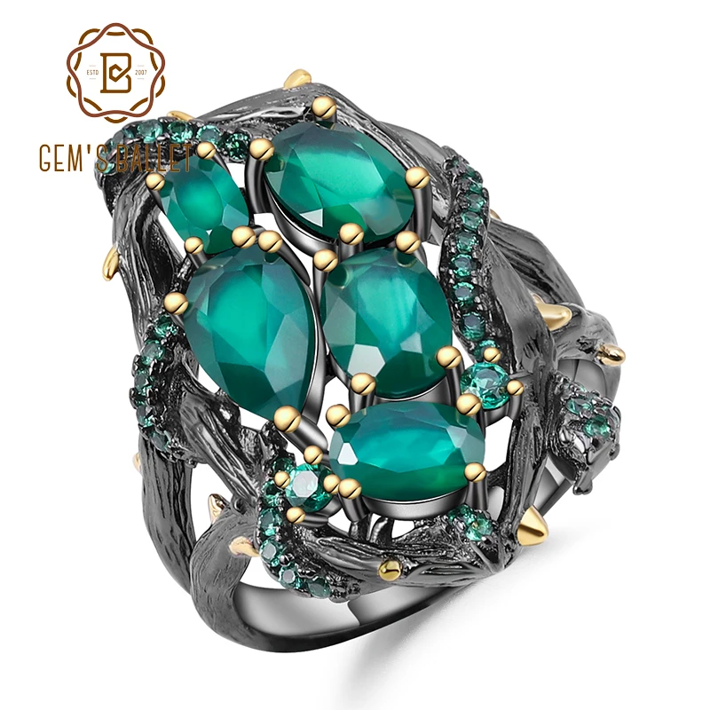 

GEM'S BALLET Natural Green Agate Gemstone Rings 925 Sterling Silver Handmade Hollow Element Ring for Women Bijoux Fine Jewelry