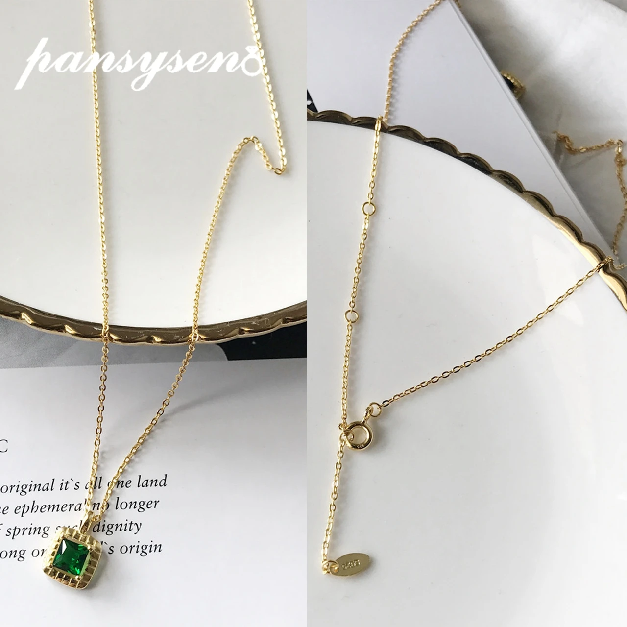 

PANSYSEN Rose Gold Color Emerald Gemstone Necklaces for Women Solid 925 Sterling Silver Jewelry Pendant Nacklace Party Gift