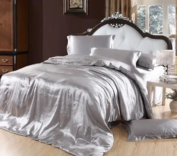 

Silver duvet cover Bedding sets grey Silk Satin Super king size queen double fitted bed sheet sheets bedspread quilt linen 6pcs