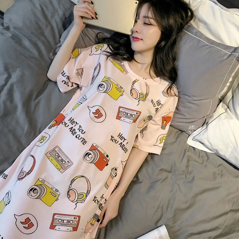 Летние элегантные модные дизайнерские милые женские рубашки для сна с принтом из мультфильмов ночная рубашка с круглым вырезом и коротким рукавом длиной до колена
