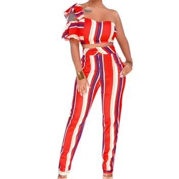 

High Street 2 Piece Set Women Summer One Shoulder Ruffle Cropped Tops Striped High Waist Pant Summer Two Pieces Set Streetwear
