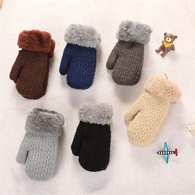 Детские вязаные одноцветные рукавицы на пуговицах, зимние женские перчатки для маленьких мальчиков, детские варежки с полными пальцами, теплая акриловая вязь, перчатки