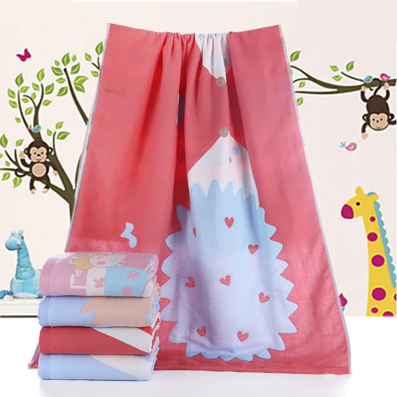 

70*140cm Kids Bath Towels 5 Layers Pure Cotton 2018 Cartoon Hedgehog Print Red 410g Beach Towel for Children Home Textile