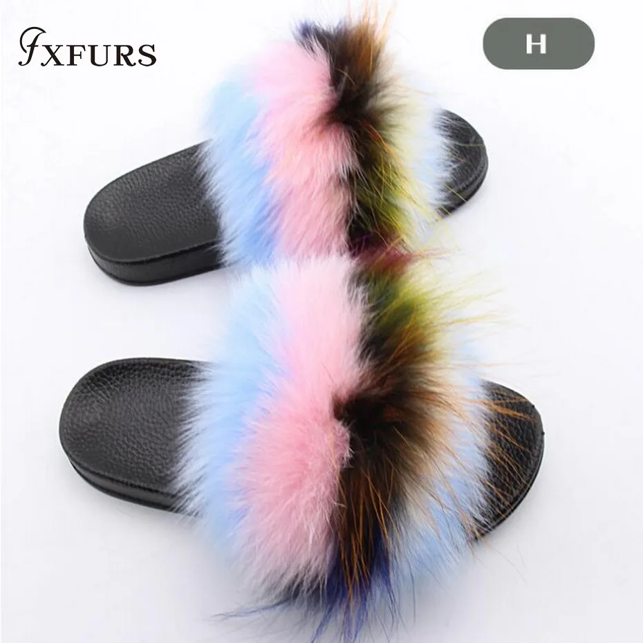

FXFURS 2019 New Fashion Real Fox Fur Slippers Women Spring Autumn Summer Fur Slides Indoor Outdoor Flip Flop Flat