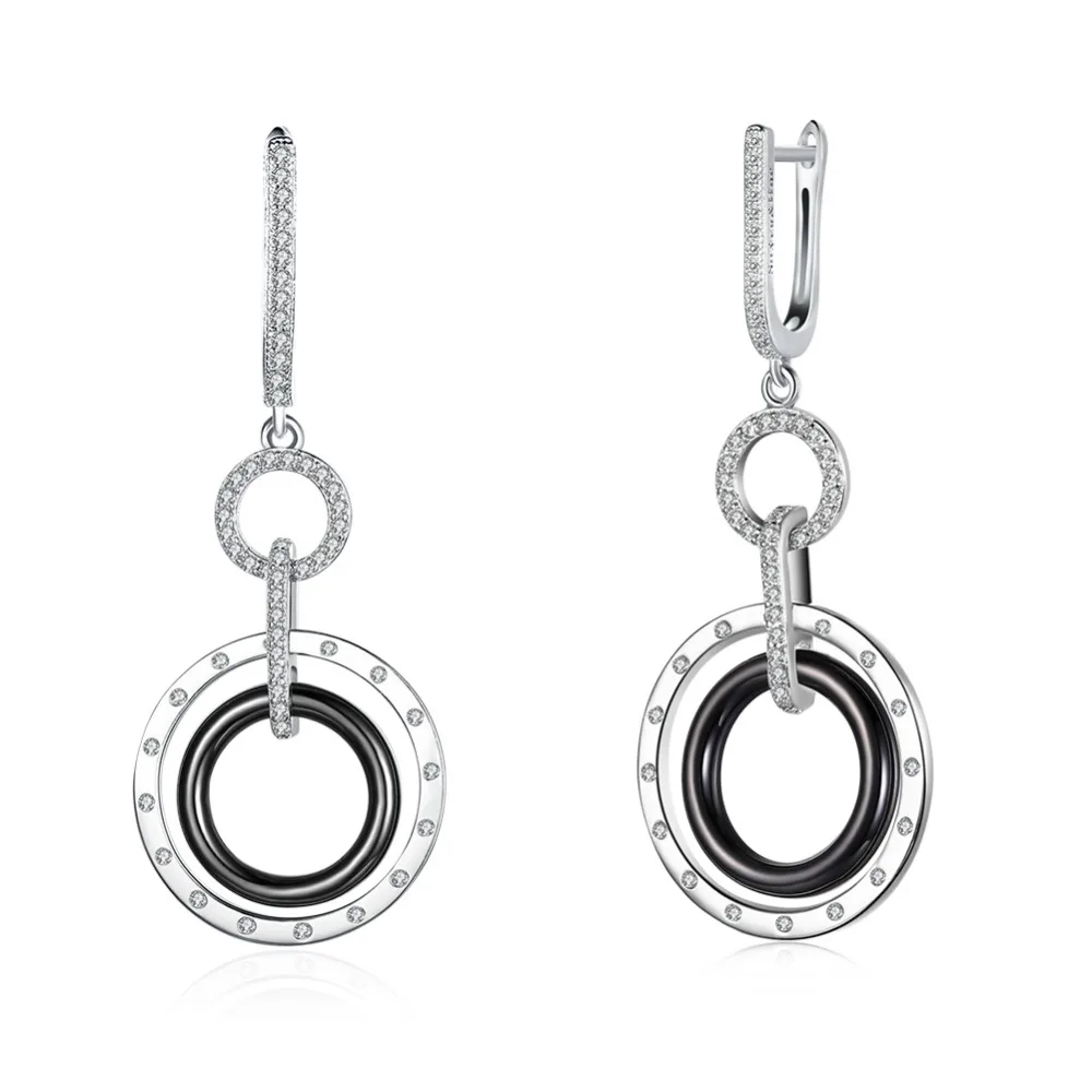 

Delicate blacke circles Ceramic Drop Earrings 925 Sterling Silver Zircon circles Dangle Earrings For Women Fine Brincos