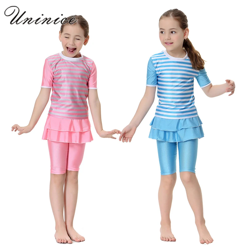 

Cute Striped Swimsuit Girls Short Sleeve Children Swimwear Muslim Arabic Swimming Clothes Modest Swimwear Cheap Modest Swimsuits