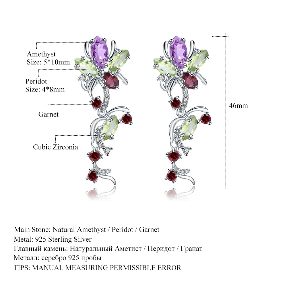 GEM'S балетные 925 пробы серебряные Винтажные висячие серьги цветок Многоцветный натуральный перидот аметист, гранат для женщин ювелирные украшения