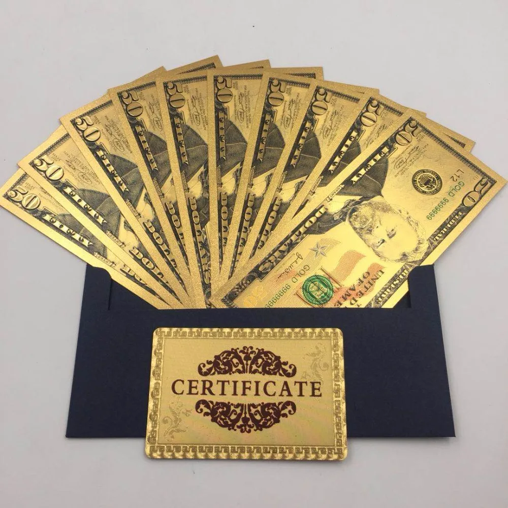 10pcs/lot Colorful Gold Banknote 24k 999.9 Gold Plated Fake Money