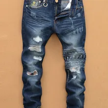 Разрыв джинсовые мужские рваные джинсы в стиле «хип-хоп» череп голова прямые узкие мужские джинсы balmai джинсы Мужские брюки размеры 28-38